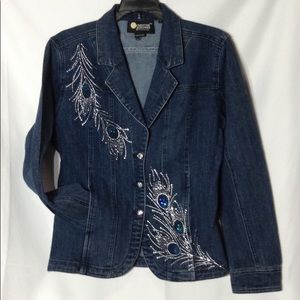 Christine Alexander denim jacket peacock feather Swarovski Crystal rhinestone